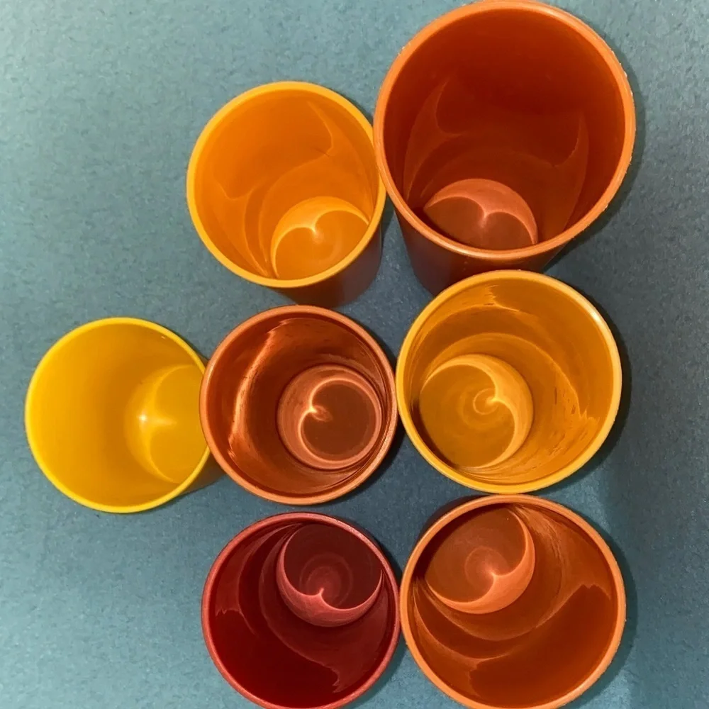 TUPPERWARE 7 drinking cups plastic random sizes yellow red orange vintage 1970’s
